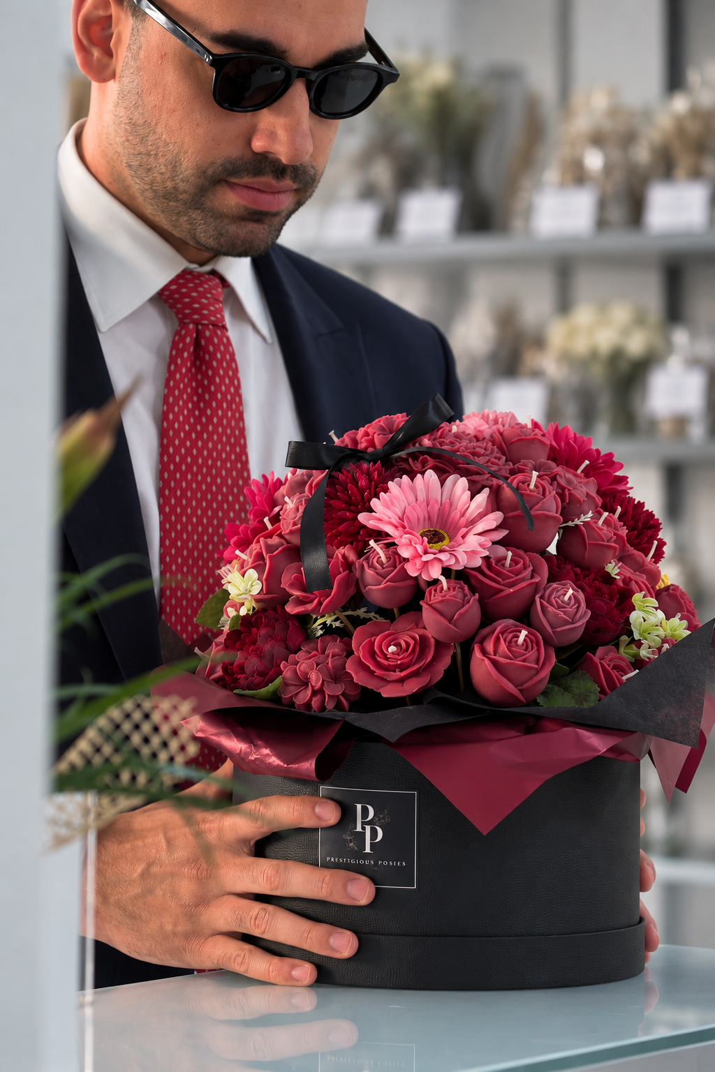 La Couronne Élitaire, a grand round olive wax candle flower bouquet in an elegant round box