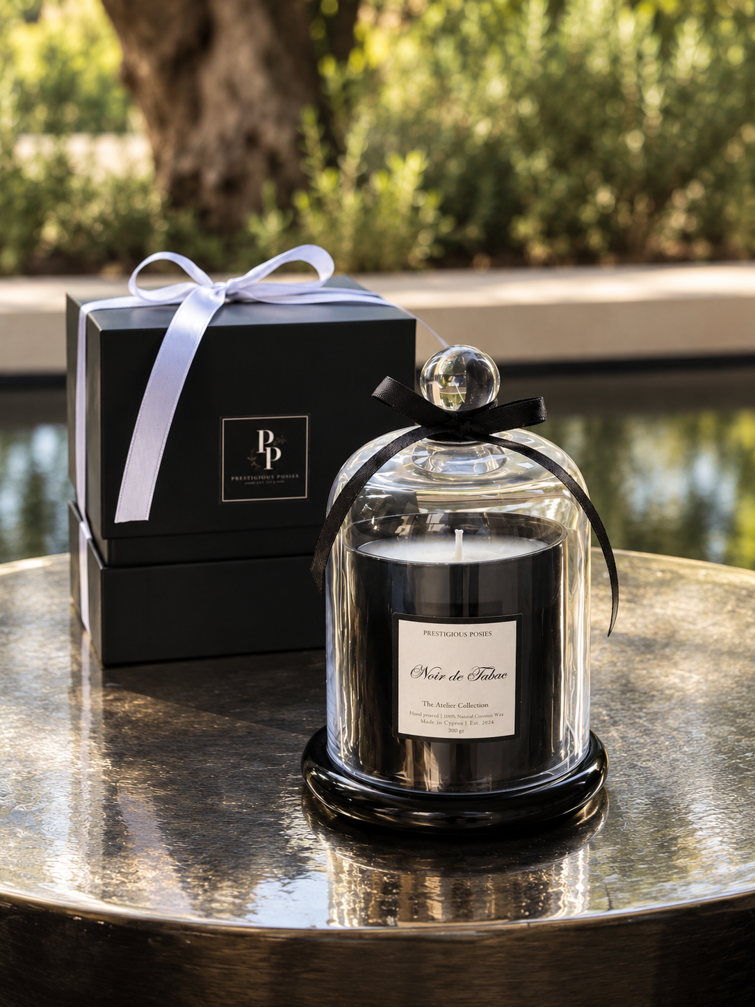 The Cloche d'Élégance, a coco wax candle in a glossy black vessel beneath a clear glass cloche
