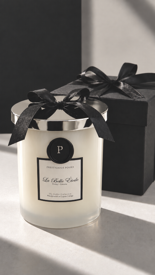 La Neige, a white frosted glass jar candle with a silver lid, by Prestigious Posies