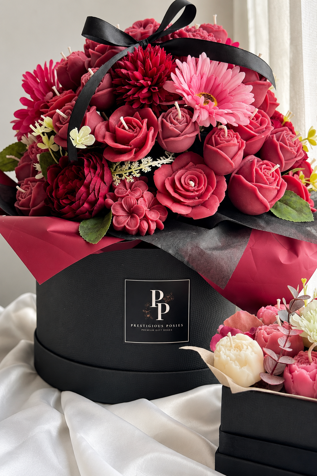 La Couronne Élitaire, a grand round olive wax candle flower bouquet in an elegant round box