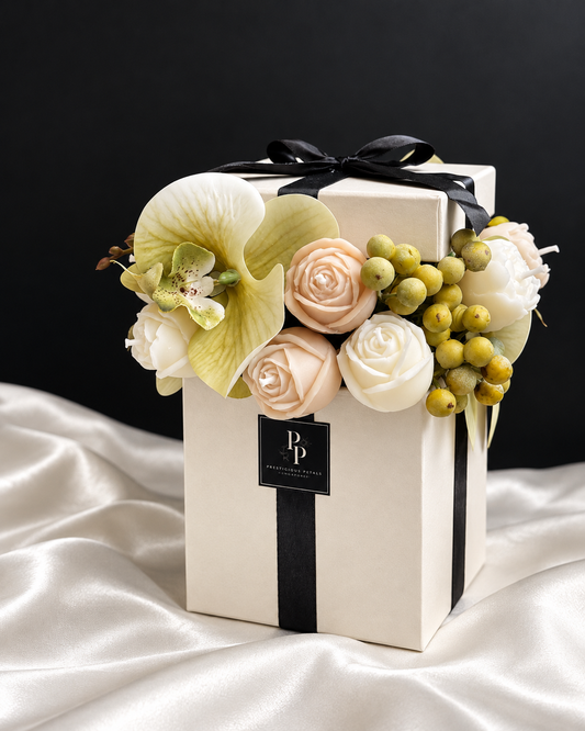 Le Cœur Carré, a handcrafted olive wax candle flower bouquet in an elegant square box