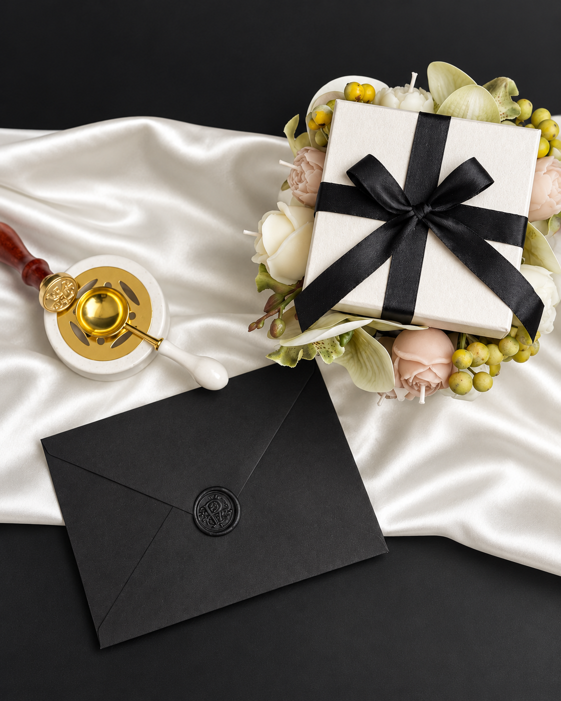 Le Cœur Carré, a handcrafted olive wax candle flower bouquet in an elegant square box