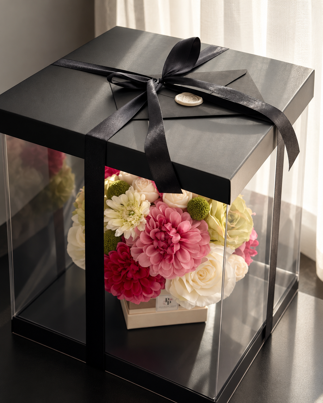 Le Cœur Carré, a handcrafted olive wax candle flower bouquet in an elegant square box