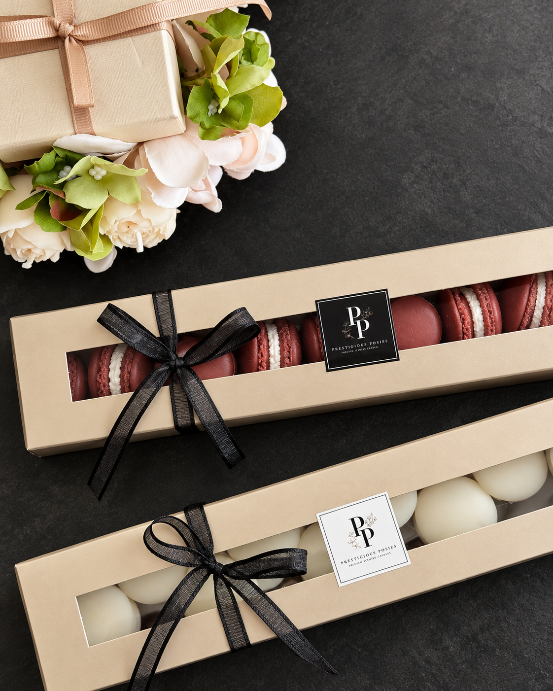 Les Petits Parfums, a box of ten macaron shaped olive wax scented melts, by Prestigious Posies