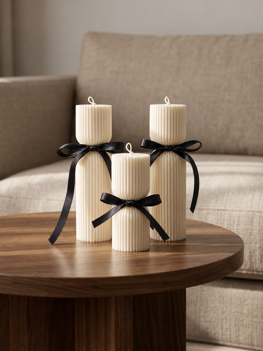 Aurelia Column, a fluted sculptural olive wax candle inspired by classical Greek and Roman columns