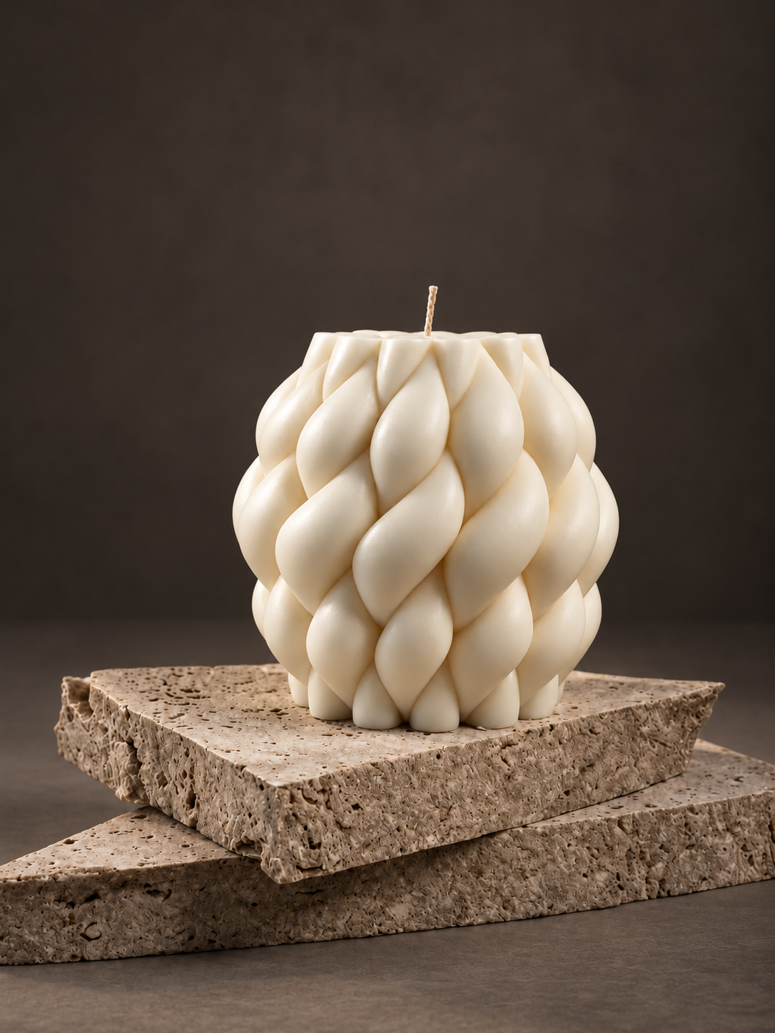 The Amara Knot, a 1kg braided ivory olive wax sculpture candle, handcrafted in Cyprus