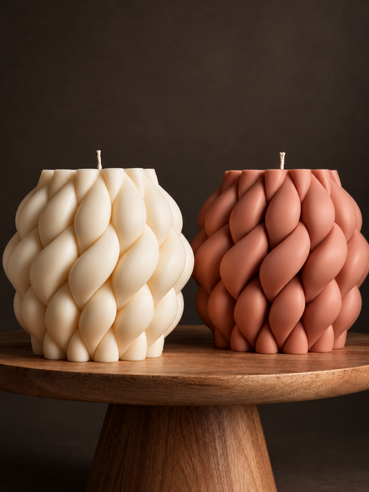 The Amara Knot, a 1kg braided ivory olive wax sculpture candle, handcrafted in Cyprus